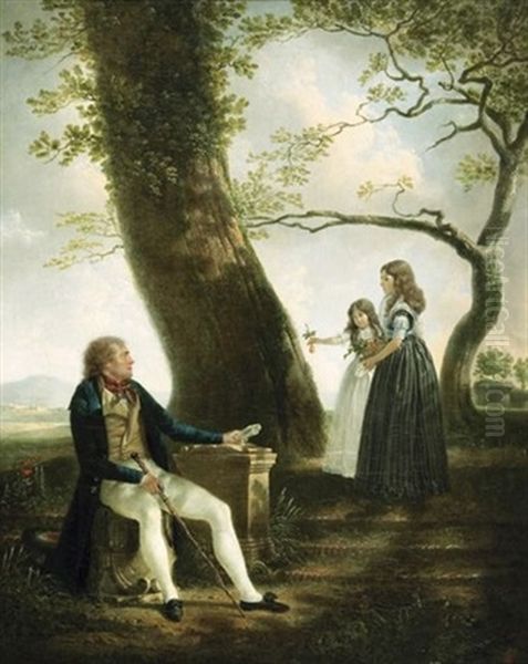 Un Pere Et Ses Deux Filles Dans Un Paysage Oil Painting by Jacques Sablet