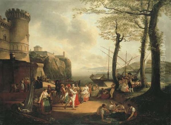 La Tarantelle: An Evening Coastal Landscape With Neapolitan Peasants Dancing The Tarantella Oil Painting by Jacques Sablet