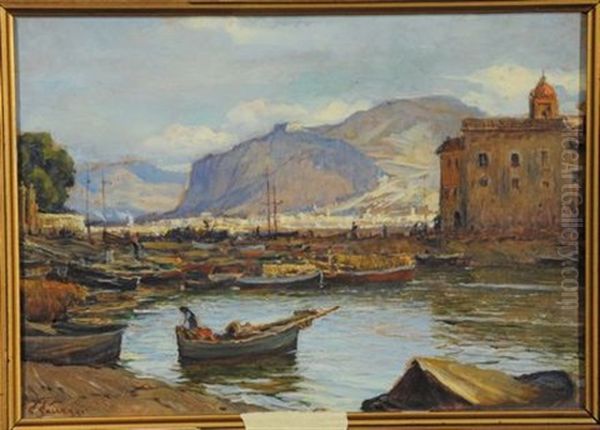 Palermo Vista Dal Porto Di Sant'erasmo Oil Painting by Cesare Saccaggi