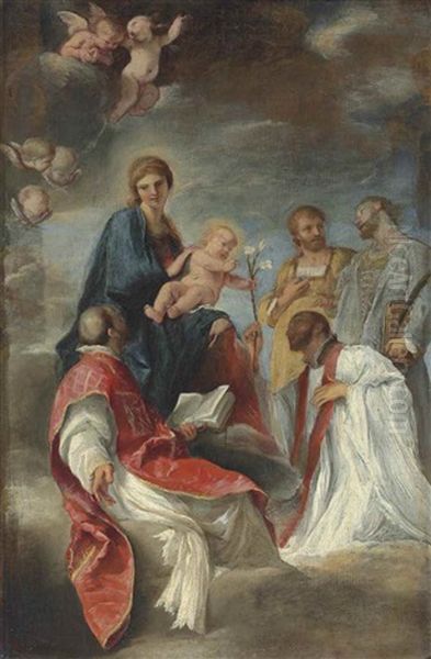 The Madonna And Child With Saints Ignatius Of Loyola, Francis Xavier, Cosmas And Damian - A Bozzetto by Andrea Sacchi