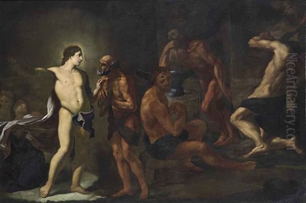 Apollo In The Forge Of Vulcan Oil Painting by Andrea Sacchi