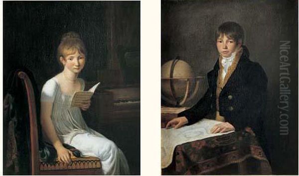 Portrait De Jeune Fille Tenant Une Partition De Musique Oil Painting by Louis Andre G. Bouchet