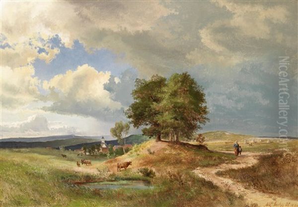 Weidelandschaft Mit Blick Auf Eine Ortschaft Oil Painting by Michael Sachs