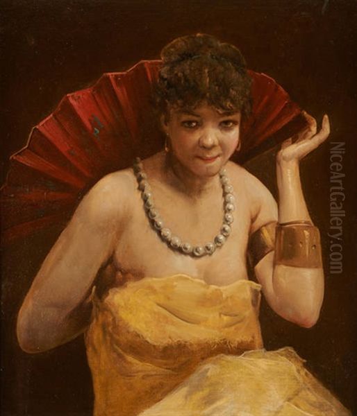 Jeune Fille Au Collier De Perles Et A L'eventail Oil Painting by Emile Sacre