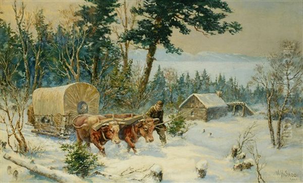 Covered Wagon In Winter Oil Painting by William Harvey Sadd