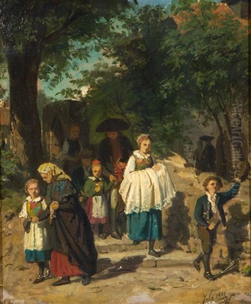 After The Baptism In The Village Church Oil Painting by Philip Lodewijk Jacob Frederik Sadee