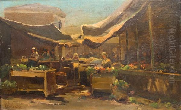 A Vegetable Market Oil Painting by Philip Lodewijk Jacob Frederik Sadee