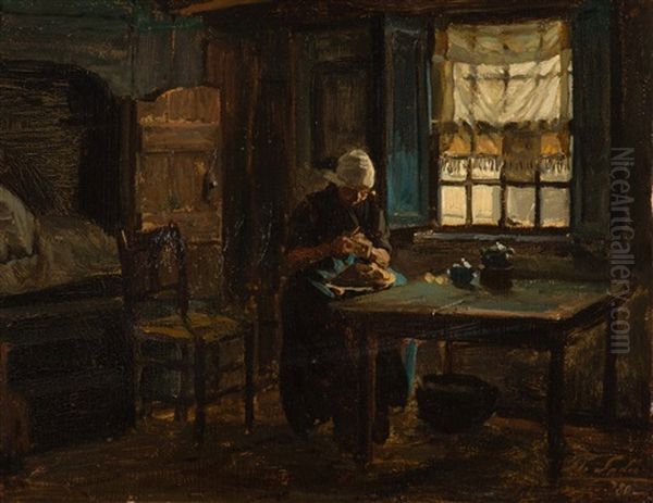 Interior With Farmer's Wife Oil Painting by Philip Lodewijk Jacob Frederik Sadee