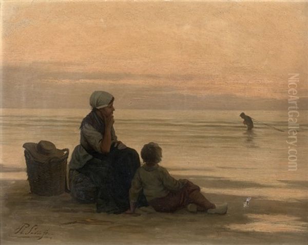 Famille De Pecheurs Sur La Plage Oil Painting by Philip Lodewijk Jacob Frederik Sadee