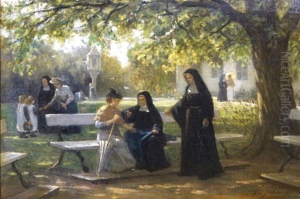 Nuns In The Garden Of The Stella Maris Cloister In Maastricht Oil Painting by Philip Lodewijk Jacob Frederik Sadee