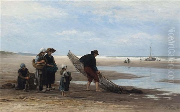 Shrimpers On The Beach At Low Tide, Scheveningen Oil Painting by Philip Lodewijk Jacob Frederik Sadee