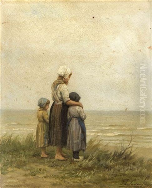 Drei Kinder Stehen Auf Einer Dune Und Blicken Auf Das Meer Hinaus Oil Painting by Philip Lodewijk Jacob Frederik Sadee