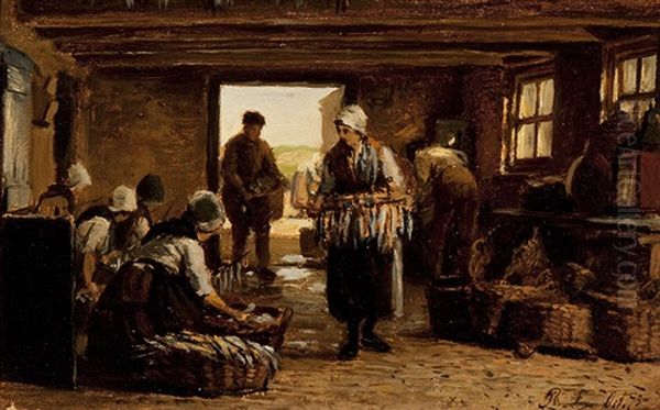 Fisher Women From Scheveningen In A Smoking Shed Oil Painting by Philip Lodewijk Jacob Frederik Sadee