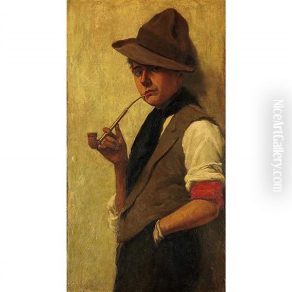 Boy Smoking A Pipe Oil Painting by Philip Lodewijk Jacob Frederik Sadee