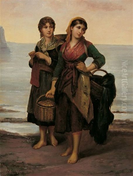 Zwei Junge Fischerinnen Am Strand Oil Painting by Philip Lodewijk Jacob Frederik Sadee