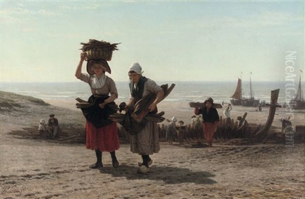 Slooping Van Een Oud Schip: Gathering Lumber From The Grounded Hulk Oil Painting by Philip Lodewijk Jacob Frederik Sadee