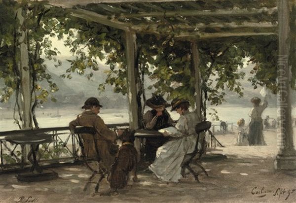 On A Terrace Under A Pergola Near The River Rhine, Cochum Oil Painting by Philip Lodewijk Jacob Frederik Sadee