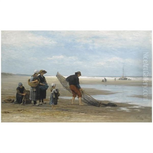 Shrimpers On Scheveningen Beach Oil Painting by Philip Lodewijk Jacob Frederik Sadee