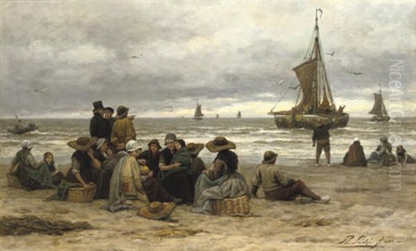 The Arrival Of The Fleet - Fisher-folk On The Beach Oil Painting by Philip Lodewijk Jacob Frederik Sadee