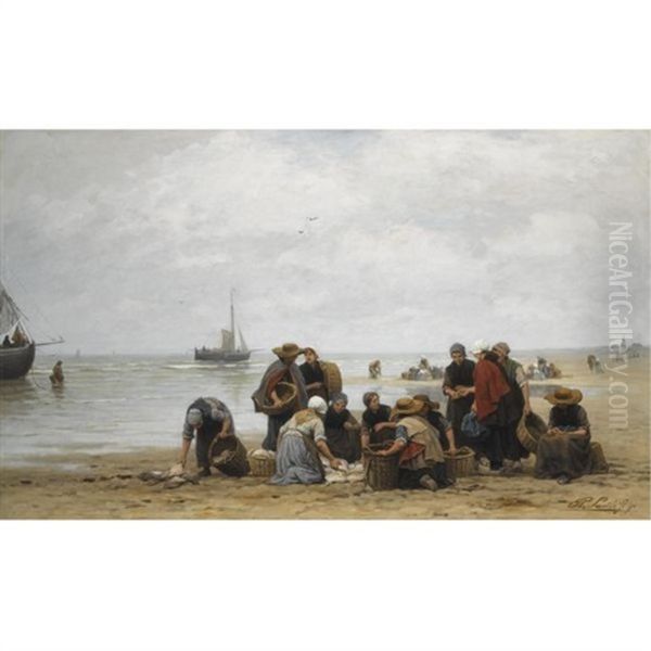 Sorting The Catch On Scheveningen Beach Oil Painting by Philip Lodewijk Jacob Frederik Sadee