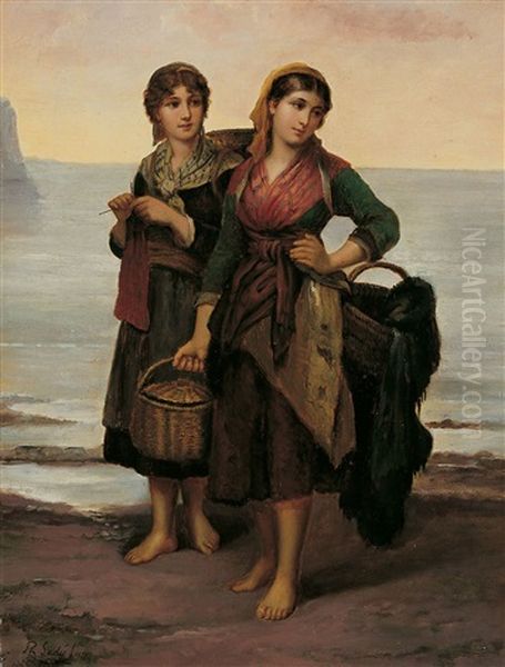 Zwei Junge Fischerinnen Am Strand Oil Painting by Philip Lodewijk Jacob Frederik Sadee