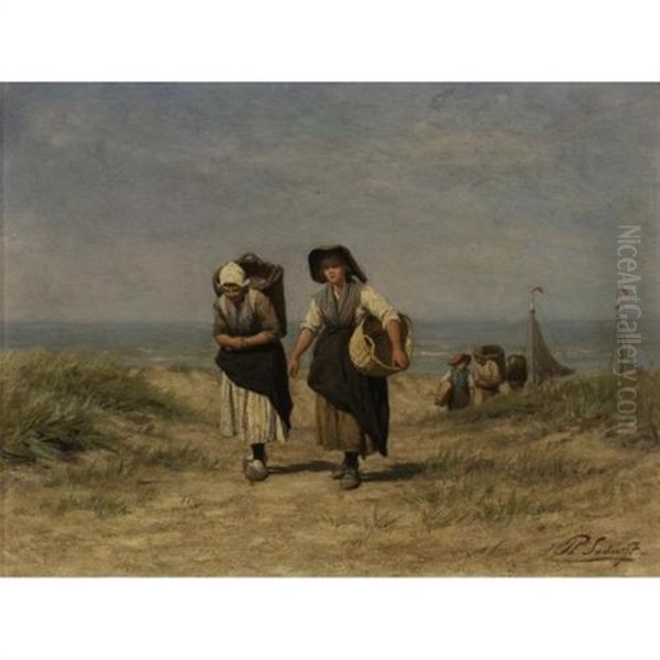 Fisherfolk Returning Oil Painting by Philip Lodewijk Jacob Frederik Sadee