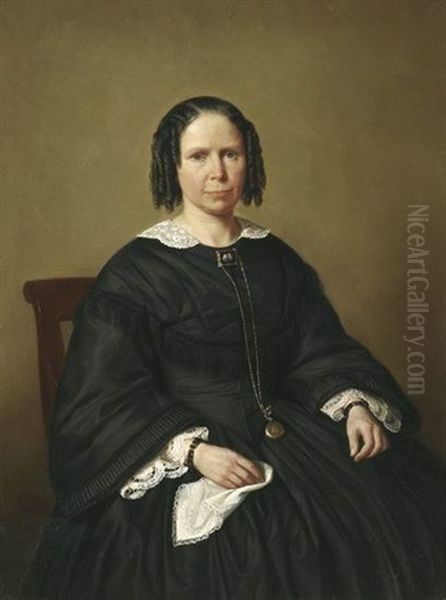 Portrat Der Gattin In Schwarzem Kleid Mit Goldener Uhr An Einer Kette Oil Painting by Philip Lodewijk Jacob Frederik Sadee