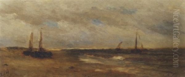 Bomschuiten On The Beach Oil Painting by Philip Lodewijk Jacob Frederik Sadee