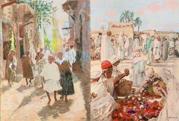 Ruelle Et Place Animee En Afrique Du Nord Oil Painting by Joseph-Felix Bouchor