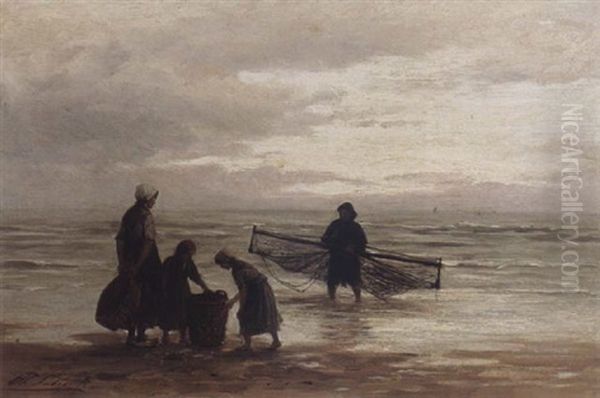 A Shrimper On The Beach Oil Painting by Philip Lodewijk Jacob Frederik Sadee