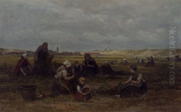 Netmenders In The Dunes Of Scheveningen, Seinpostduin In The Distance Oil Painting by Philip Lodewijk Jacob Frederik Sadee