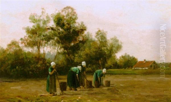 Potato Pickers In A Field Oil Painting by Philip Lodewijk Jacob Frederik Sadee