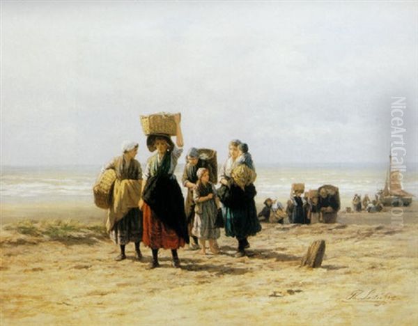 Scheveningen Fisherwomen Bringing Home The Catch Oil Painting by Philip Lodewijk Jacob Frederik Sadee