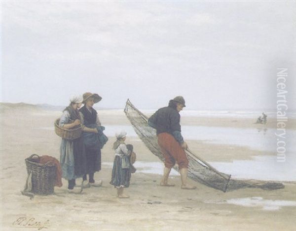 Fisherfolk Oil Painting by Philip Lodewijk Jacob Frederik Sadee