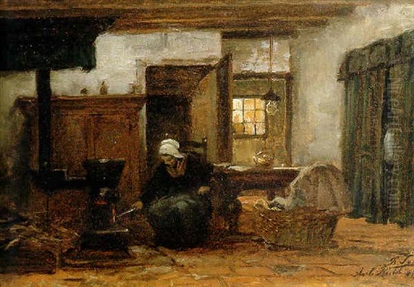 Lighting The Stove Oil Painting by Philip Lodewijk Jacob Frederik Sadee