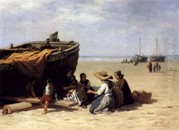 Fisherwomen With Children On Scheveningen Beach Oil Painting by Philip Lodewijk Jacob Frederik Sadee