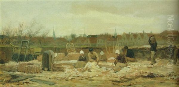 Labourers At Work On The Outskirts Of A Town Oil Painting by Philip Lodewijk Jacob Frederik Sadee