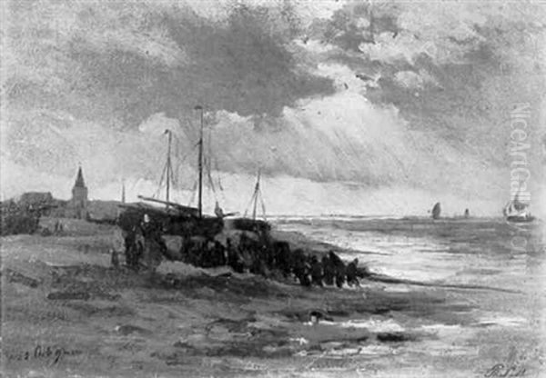 Dragging Fishing Vessels On The Beach, Scheveningen Oil Painting by Philip Lodewijk Jacob Frederik Sadee