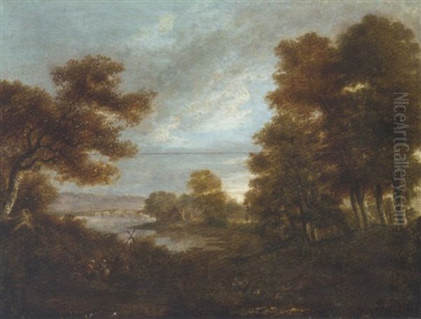 A Wooded River Landscape With Figures Carrying A Cross And Buildings And A Bridge Beyond Oil Painting by William Sadler the Elder