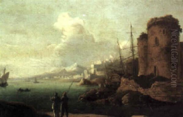 Italianate Harbor Scene With Two Figures In The Foreground Oil Painting by William Sadler the Elder