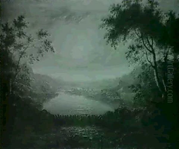 Extensive River Landscape With A                            Waterfall By Moonlight Oil Painting by William Sadler the Elder