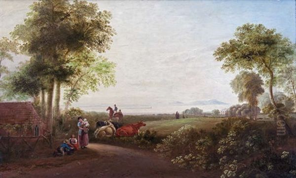 A View Over Dublin Bay Looking Towards Howth, Ireland's Eye And Lamb Bay, With Frascati In The Foreground, Together With Figures And Animals Oil Painting by William Sadler the Younger