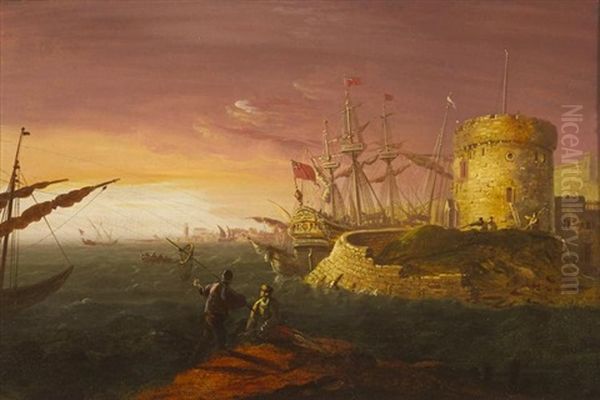 Maritime Scene With Martello Tower And Tall Ships Oil Painting by William Sadler the Younger