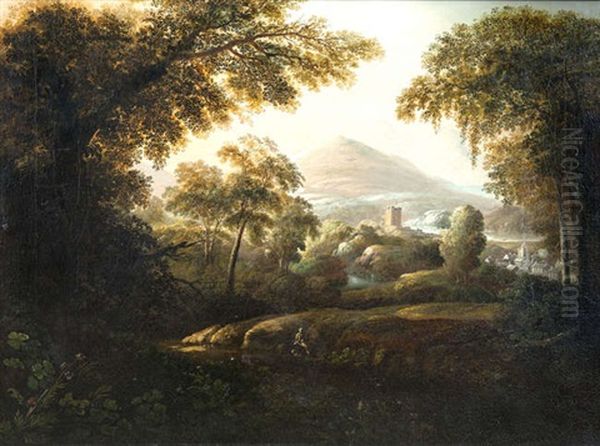 A Wooded Landscape, Including The Sugarloaf Mountain, A Castellated Building And A Town, With A Seated Figure In The Foreground by William Sadler the Younger