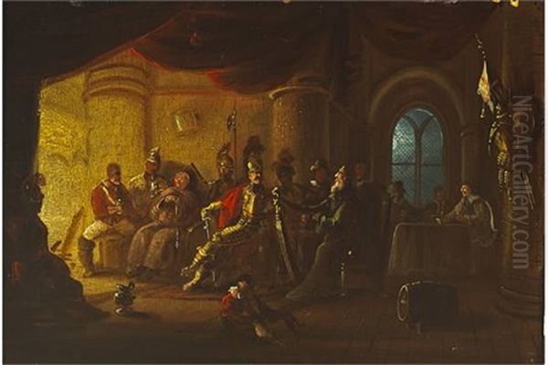 Group Of Soldiers With Monk And Harpist In Interior Of Castle Oil Painting by William Sadler the Younger