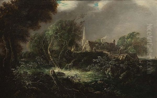 Figures At The Edge Of A River, Cottage And Church Spire Beyond Oil Painting by William Sadler the Younger