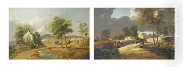 An Extensive Landscape With Figures Conversing On A Track Beside A Ruined Church, The Sugar Loaf Beyond (+ A River Landscape With Figures On A Bank, Cottages Beyond; Pair) Oil Painting by William Sadler the Younger