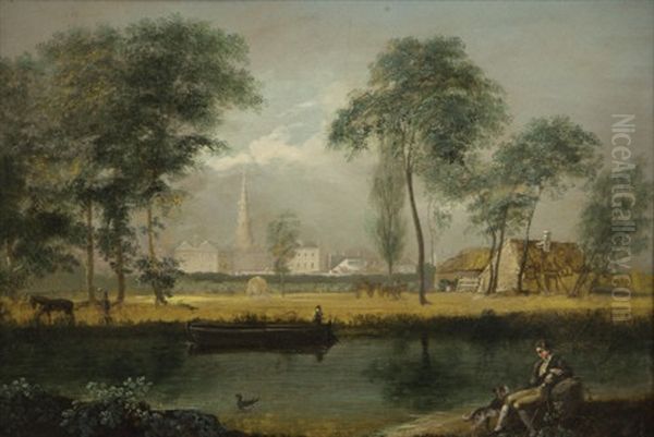 A Riverside Landscape With A Fisherman And Distant Town Oil Painting by William Sadler the Younger