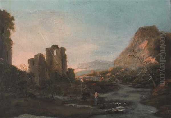 County Wicklow River Scene With Fisherman, Castle And Extensive Landscape Oil Painting by William Sadler the Younger