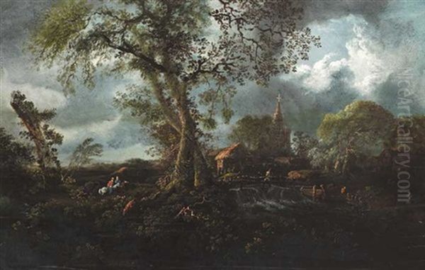 Highway Men On Horseback With Church And Ruin In Foreground Oil Painting by William Sadler the Younger